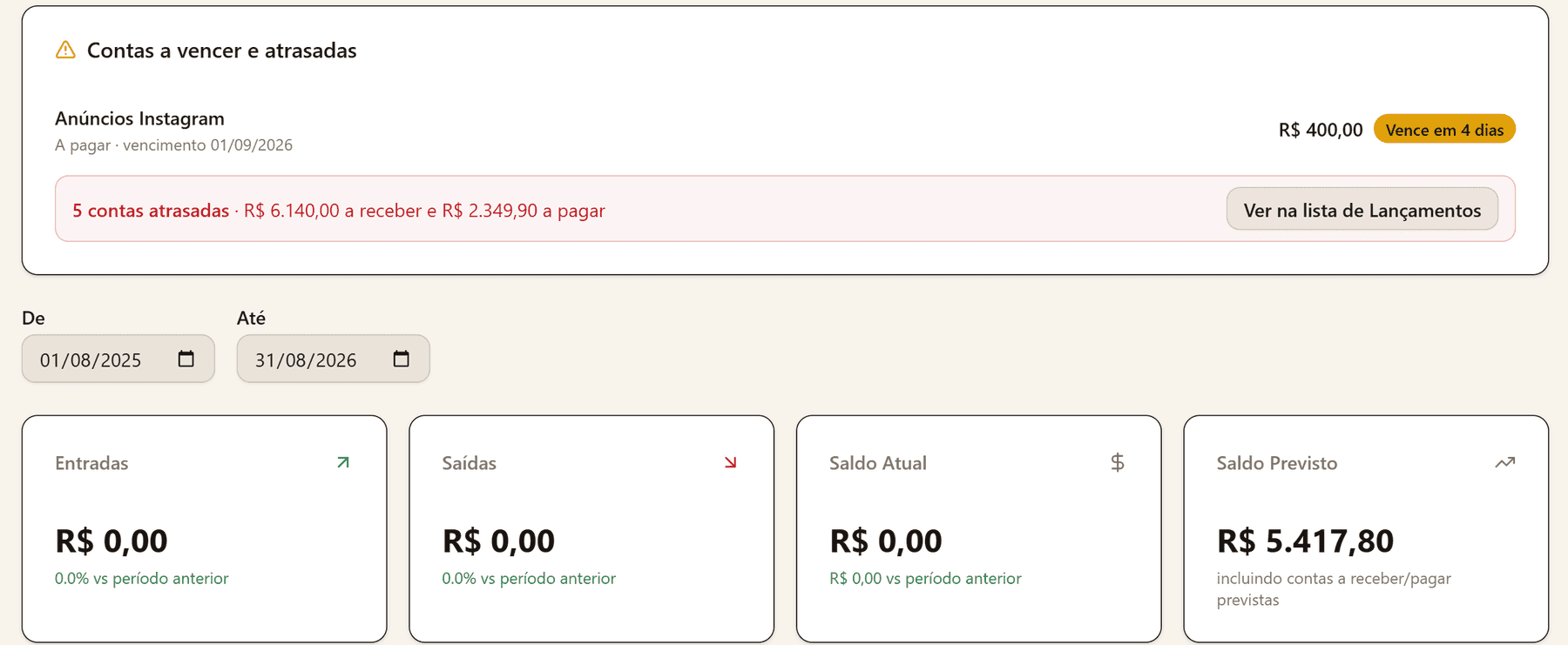 Painel do Firma mostrando contas a vencer e os indicadores de entradas, saídas e saldo